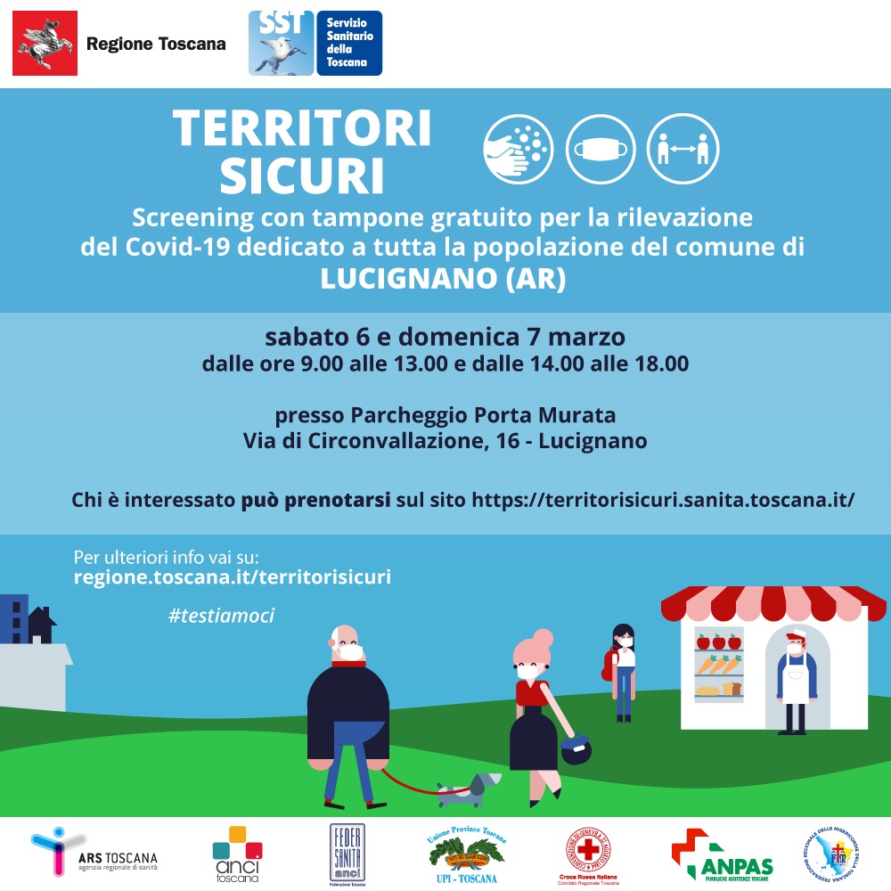 TERRITORISICURI. Screening per la rilevazione del Covid-19 dedicato a tutta la popolazione del Comune.  Sabato 6 e domenica 7 marzo.
