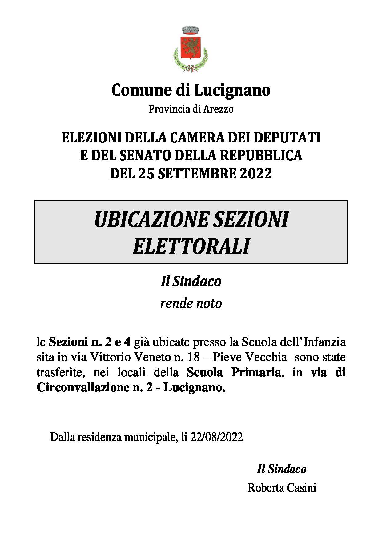 Elezioni politiche 2022. Spostamento sezioni elettorali numero 2 e 4.